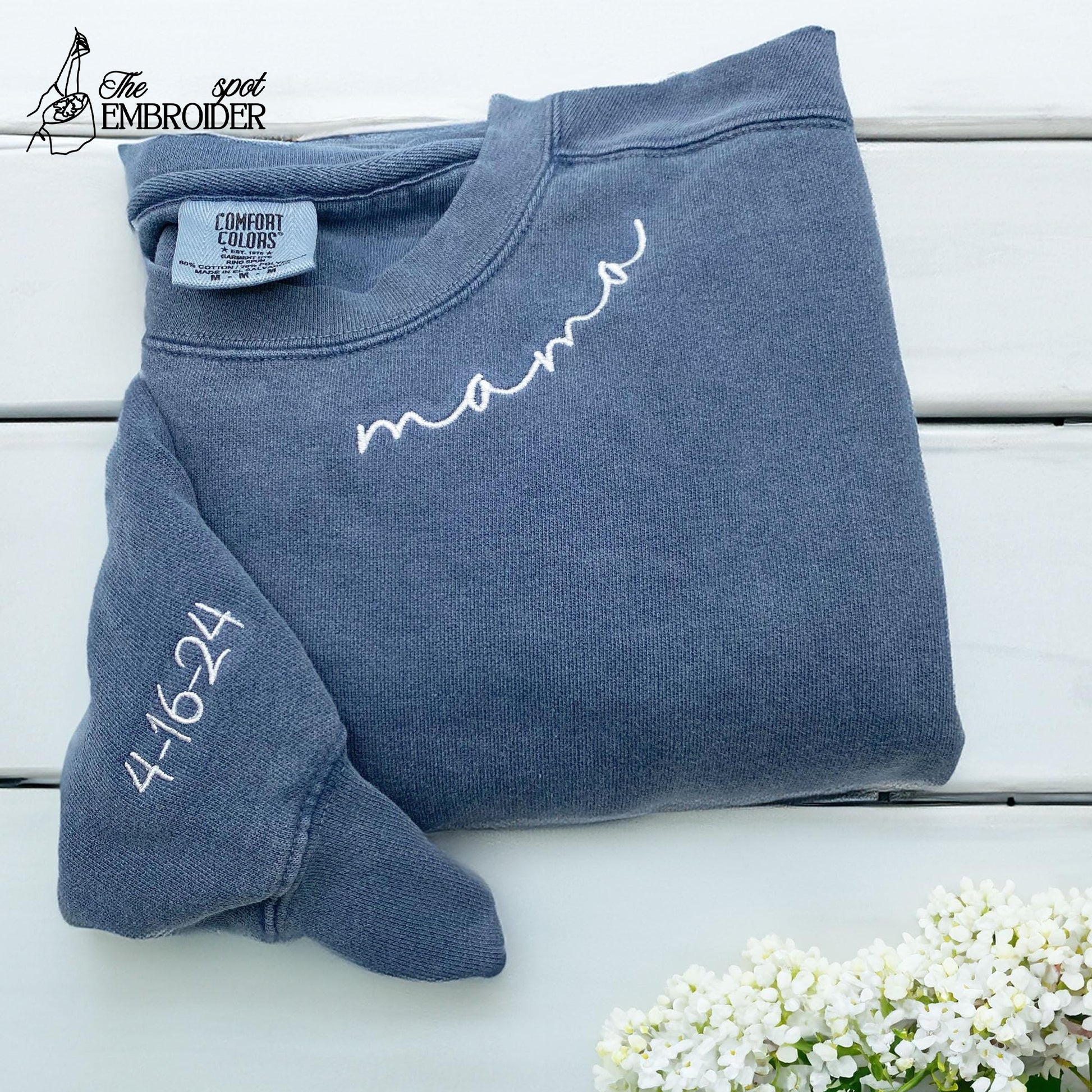 Comfort Color Custom Embroidered Mama Sweatshirt with Kid Name on Sleeve, Mothers Day Gifts For Daughter, Personalized Mommy Shirt