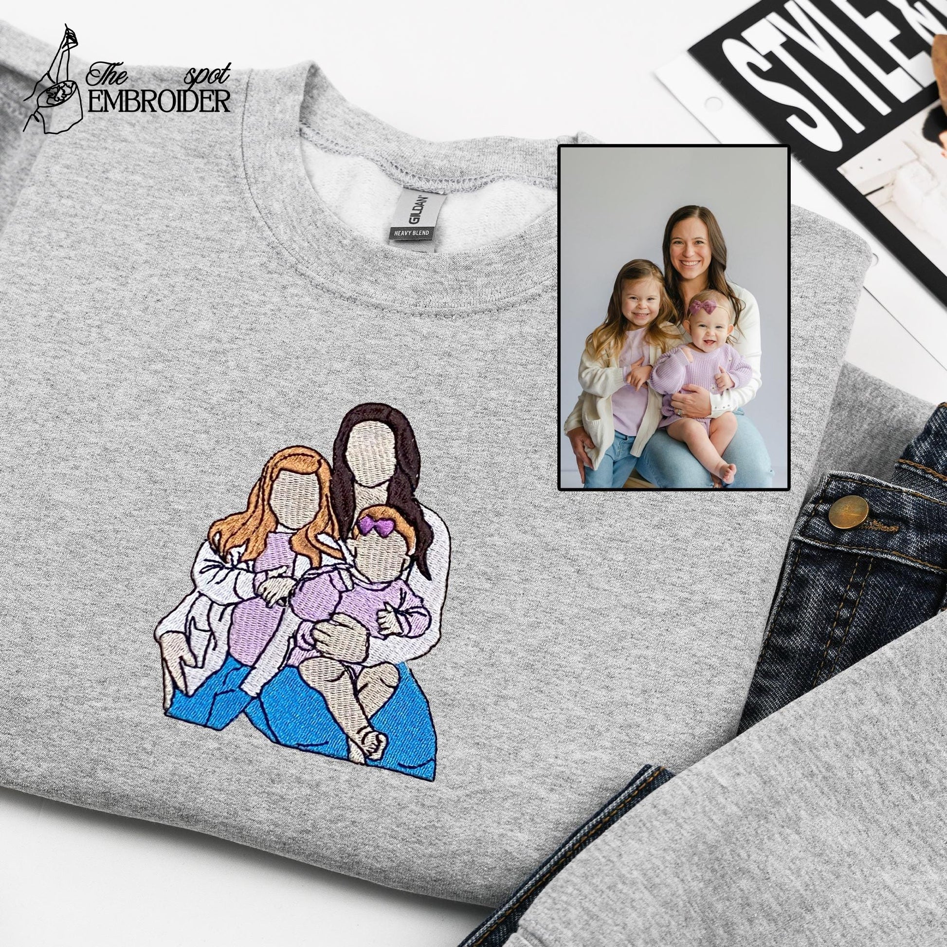 Custom Embroidered Mother Day Sweatshirt with Mama Portrait, Personalized Mom Hoodie with Kid Name, Best Gift for Mom, Kids Portrait