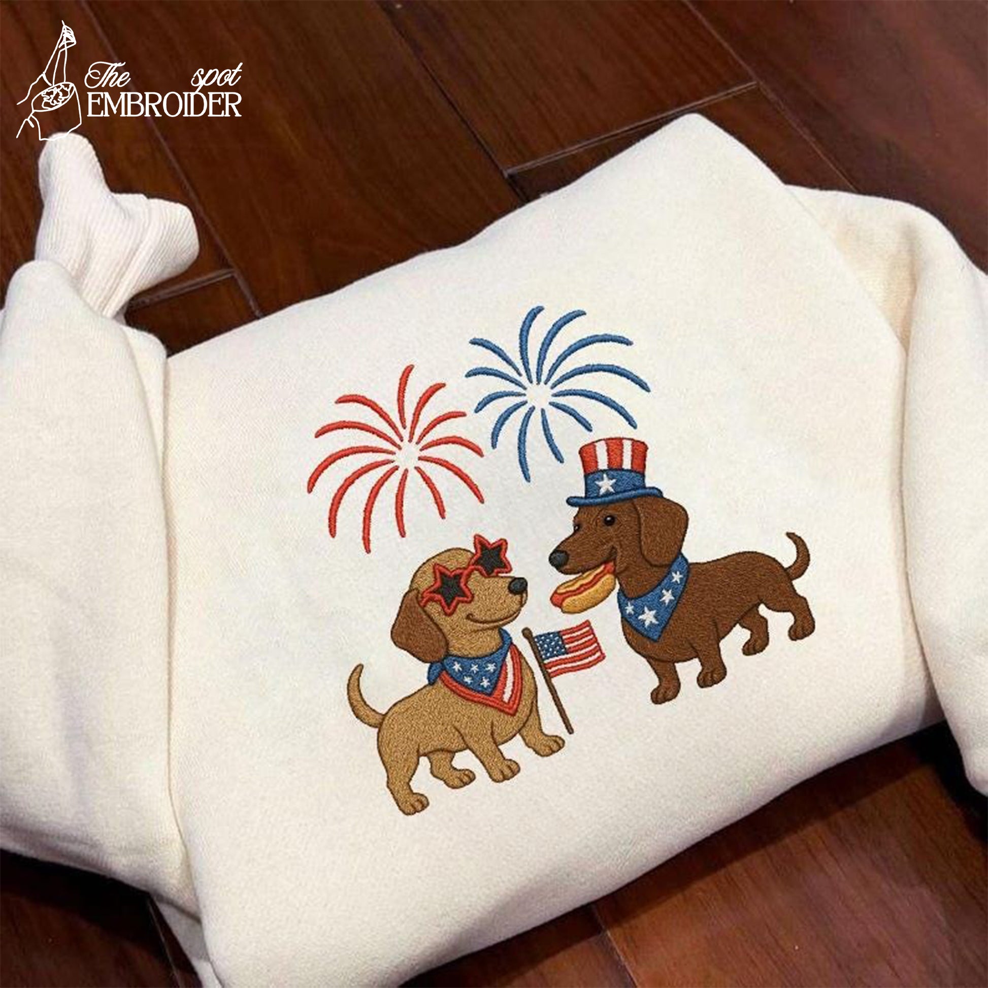 Patriotic Dachshunds Embroidery Shirt, 4th of July Pup with USA Flag, Independence Day Pet Embroidery Sweatshirt
