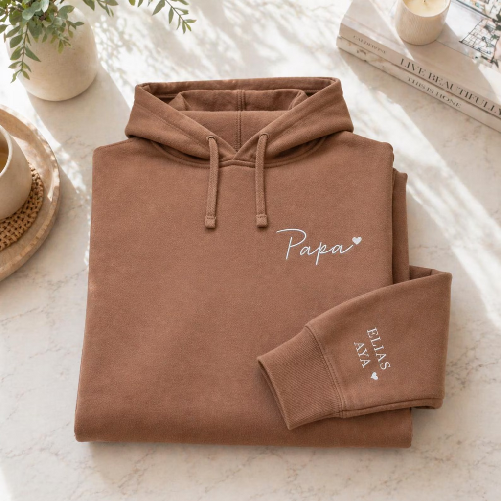 Personalized Papa Embroidered Hoodie With Kids Names on Sleeve, Father’s Day Gift