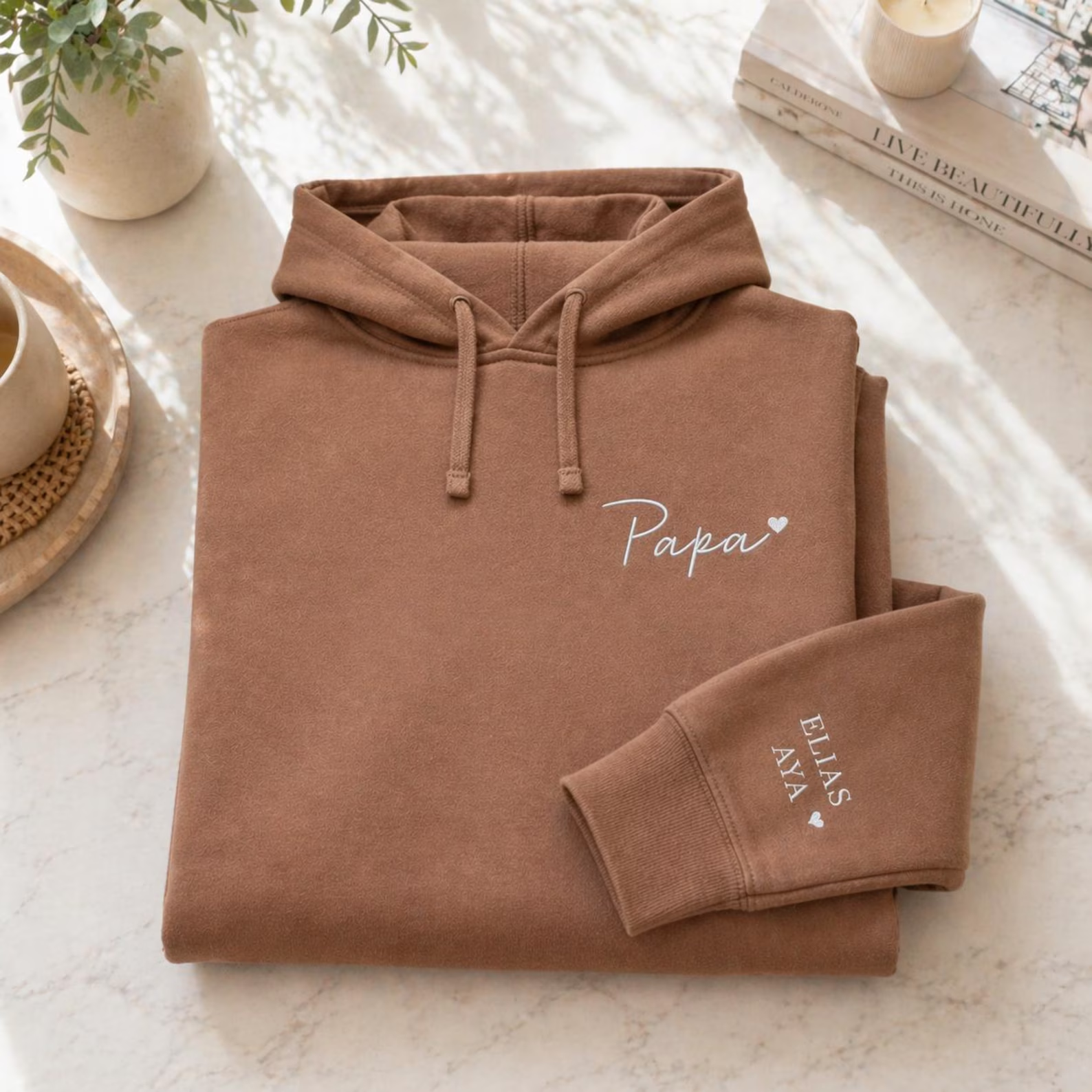 Personalized Papa Embroidered Hoodie With Kids Names on Sleeve, Father’s Day Gift