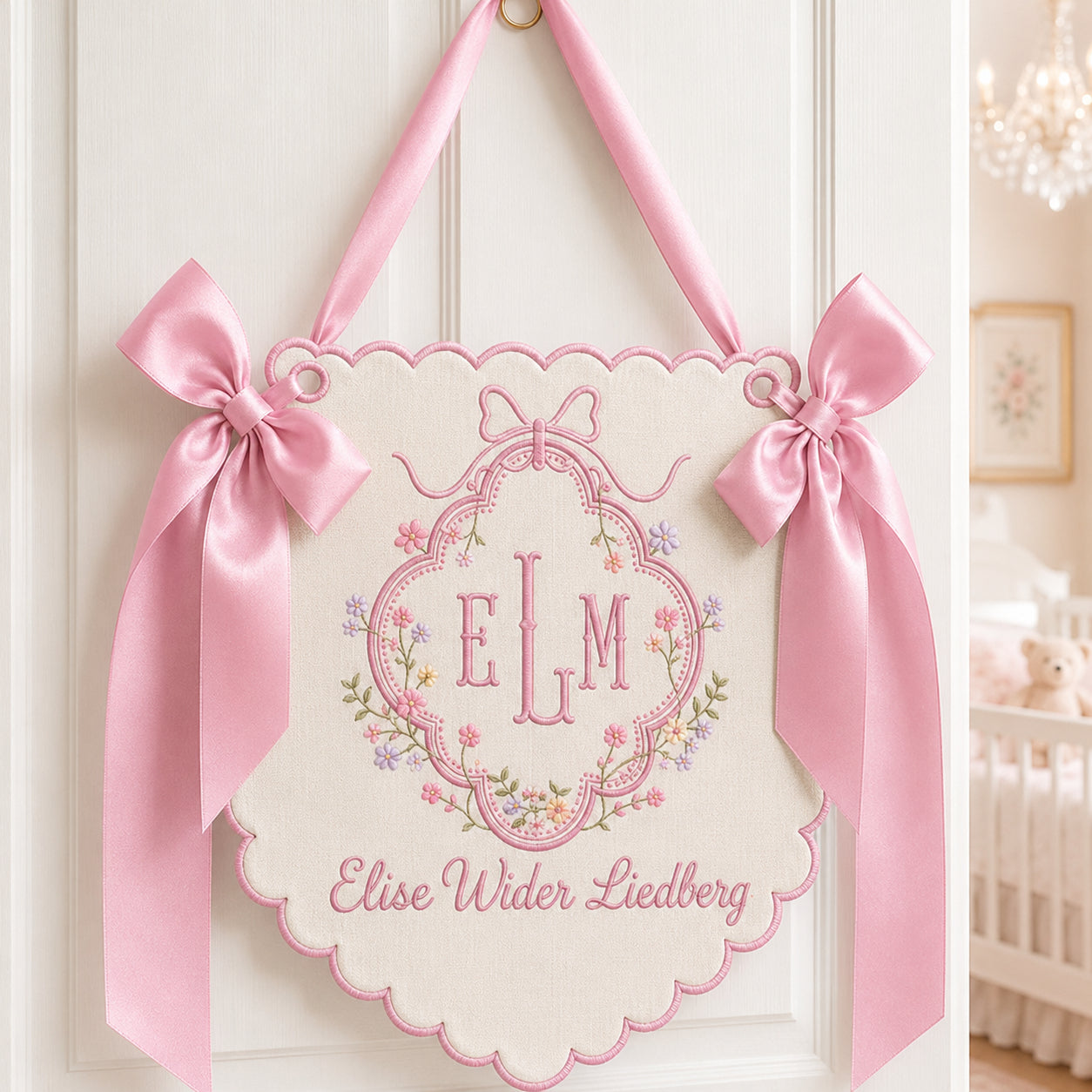 Personalized Embroidered Baby Name Banner, Custom Monogram Nursery Pennant, Hospital Door Announcement, Newborn Nursery Decor Gift BBFLAG01