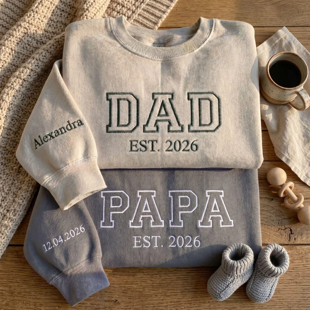 Custom Dad Papa Embroidered Sweatshirt Hoodie Shirt With Name on Sleeve, Father’s Day Gift