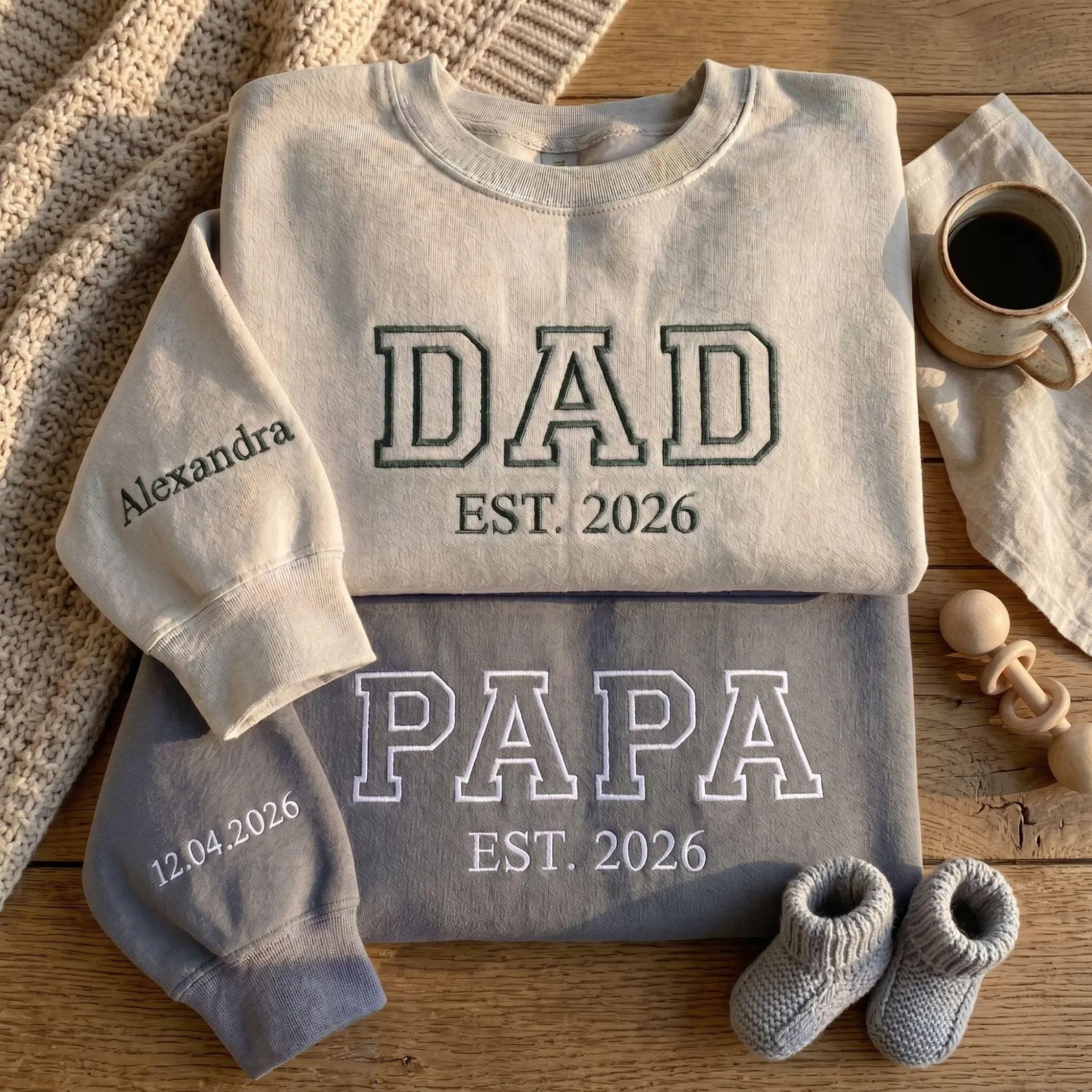 Custom Dad Papa Embroidered Sweatshirt Hoodie Shirt With Name on Sleeve, Father’s Day Gift
