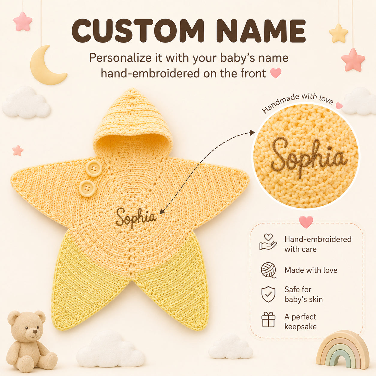Personalized Baby Bear Swaddle, Cute Baby Cocoon, Custom Baby Romper Sleep Sack, Hooded Newborn Wrap, Handmade Crochet Knit Outfit, Custom Name Baptism Baby Shower Gift BABYSR10