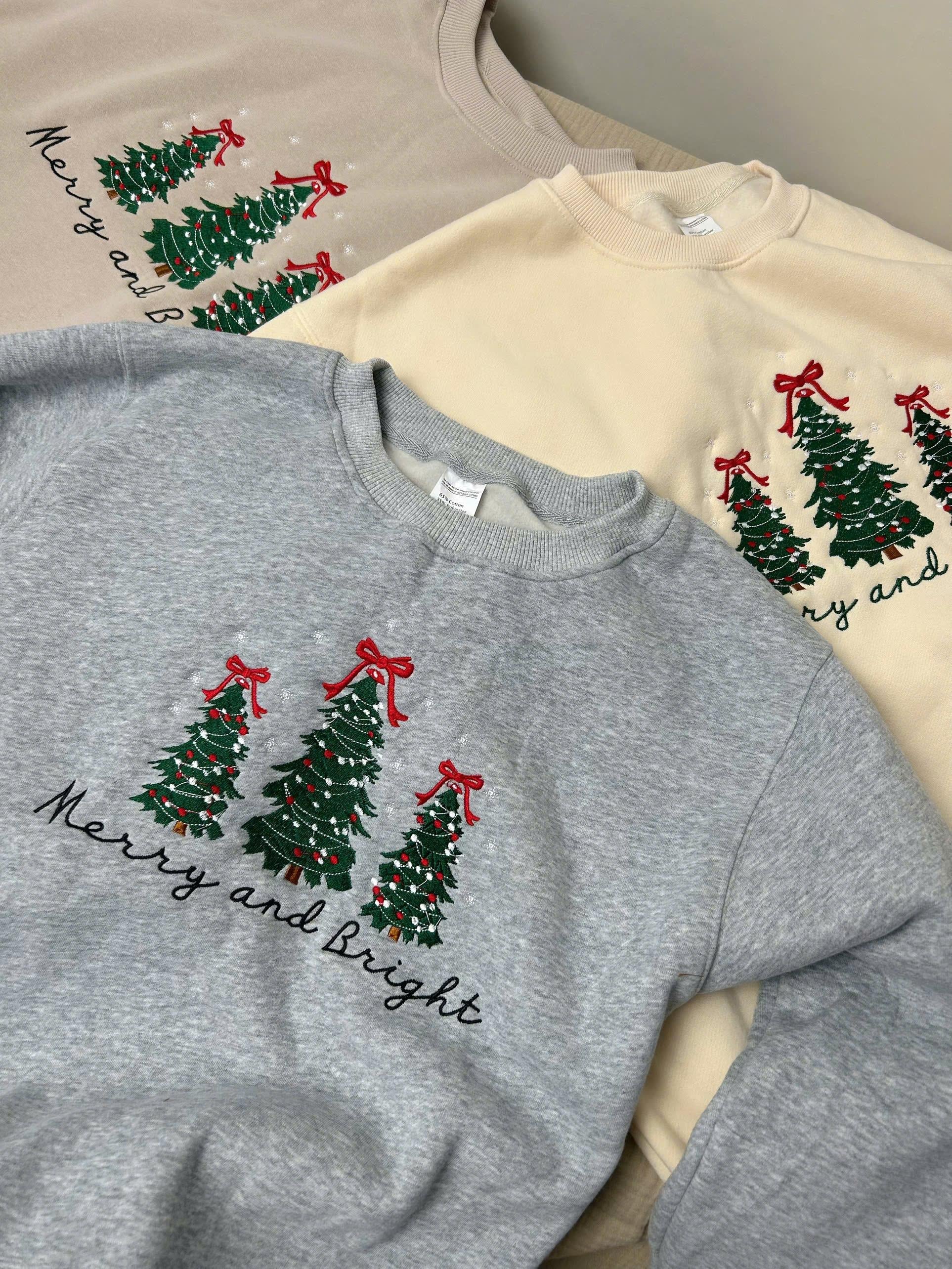 Merry and Bright Embroidered Sweatshirts, Holiday Sweater, Christmas Tree Sweater, Pine-tree Sweatshirt, Gingerbread, Piny Sweatshirt