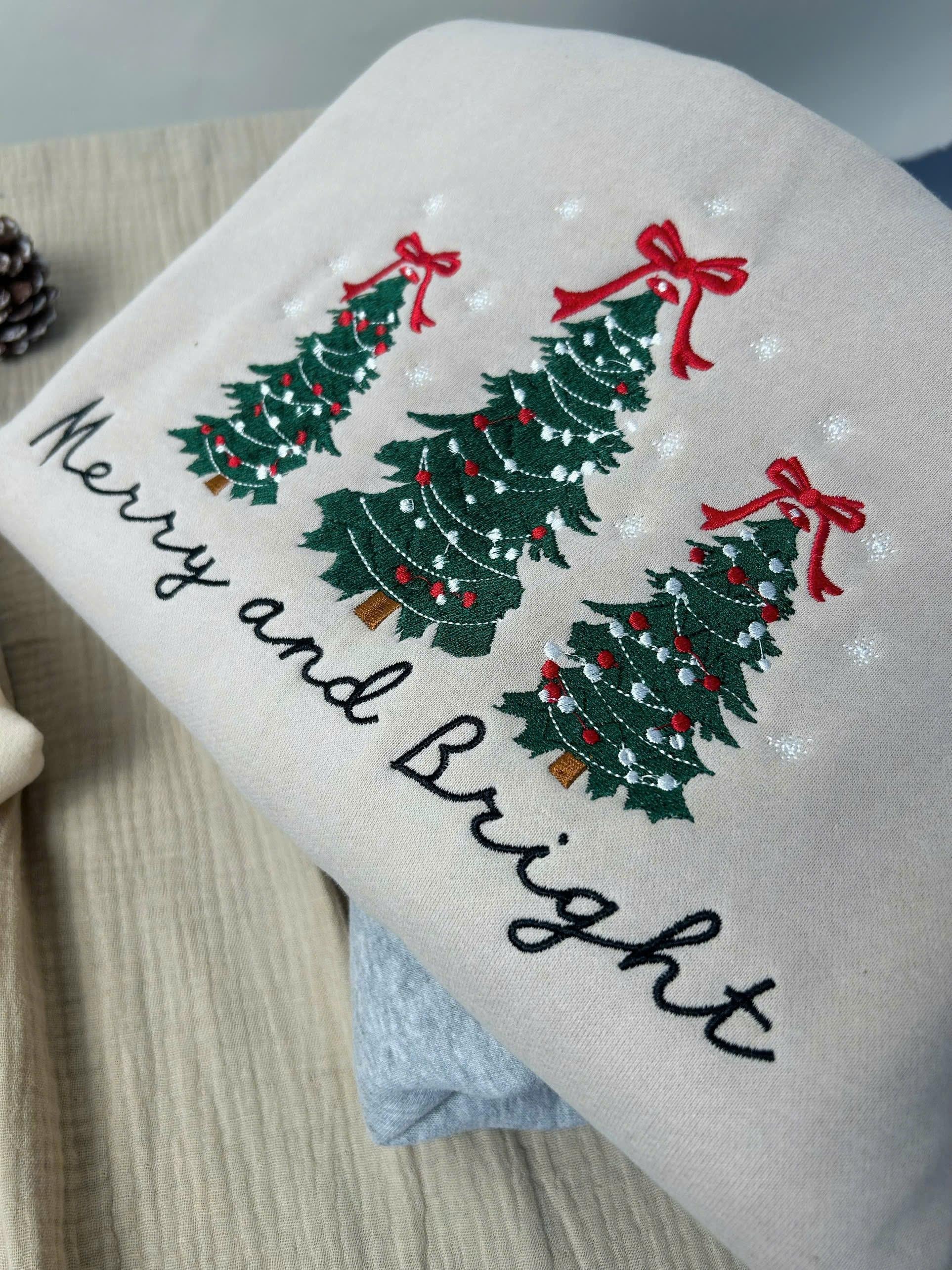 Merry and Bright Embroidered Sweatshirts, Holiday Sweater, Christmas Tree Sweater, Pine-tree Sweatshirt, Gingerbread, Piny Sweatshirt