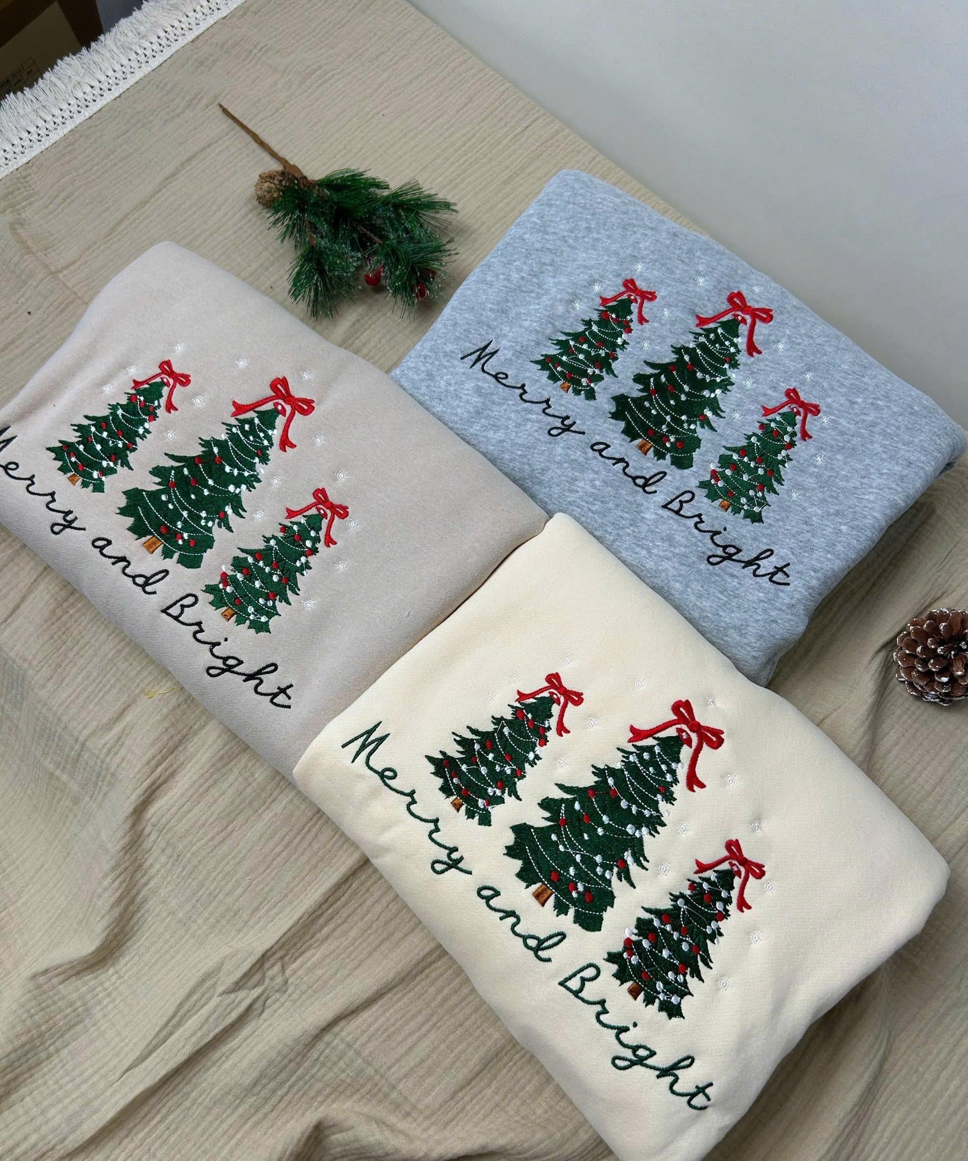 Merry and Bright Embroidered Sweatshirts, Holiday Sweater, Christmas Tree Sweater, Pine-tree Sweatshirt, Gingerbread, Piny Sweatshirt