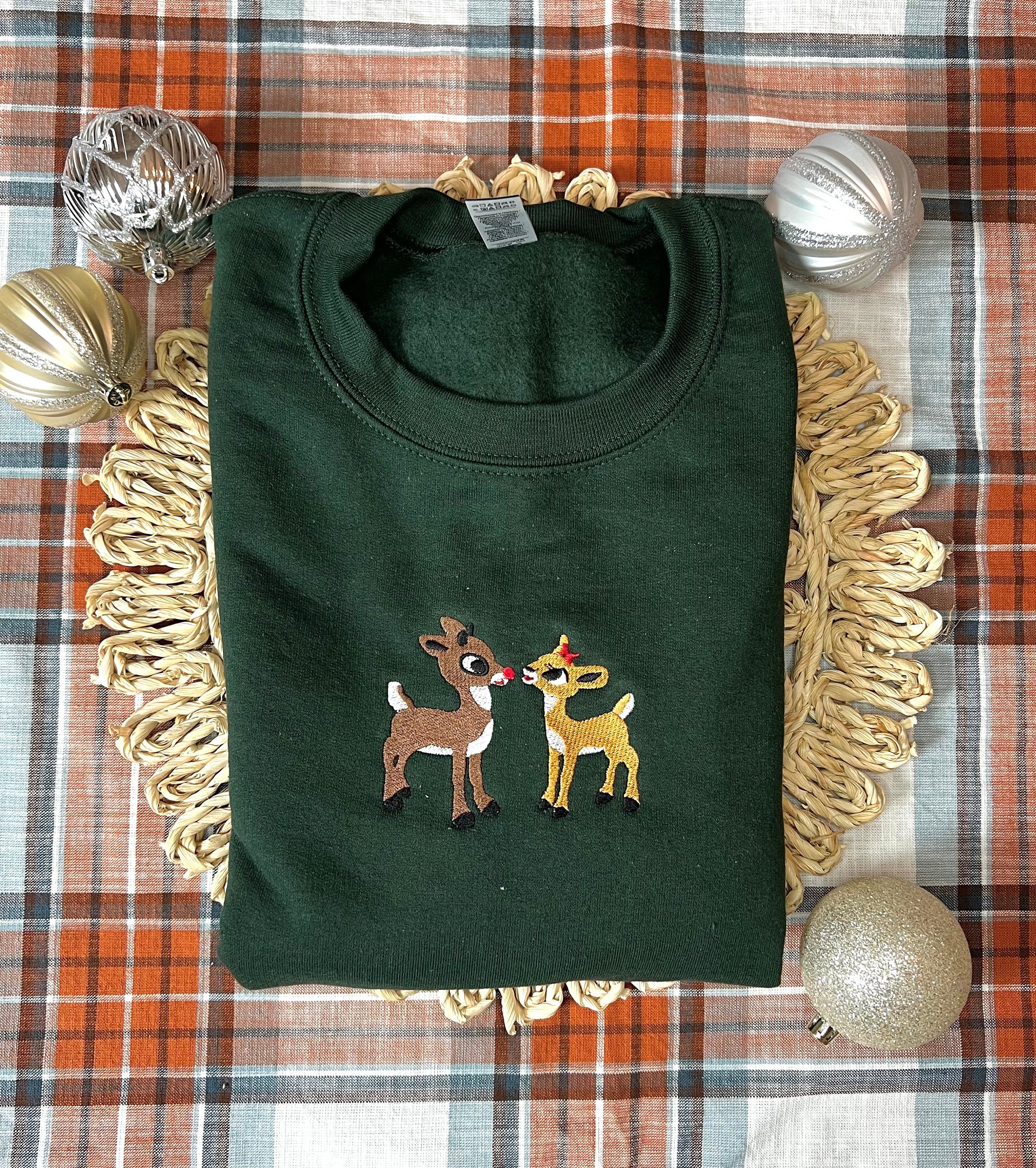 Christmas Embroidered Sweatshirt, Retro Reindeer Design, Rudolph The Red Nose Reindeer and Clarice, Fall Embroidered Sweatshirt.