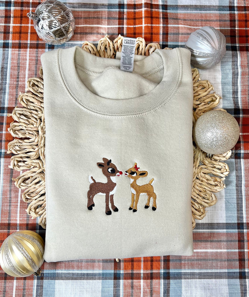 Christmas Embroidered Sweatshirt, Retro Reindeer Design, Rudolph The Red Nose Reindeer and Clarice, Fall Embroidered Sweatshirt.