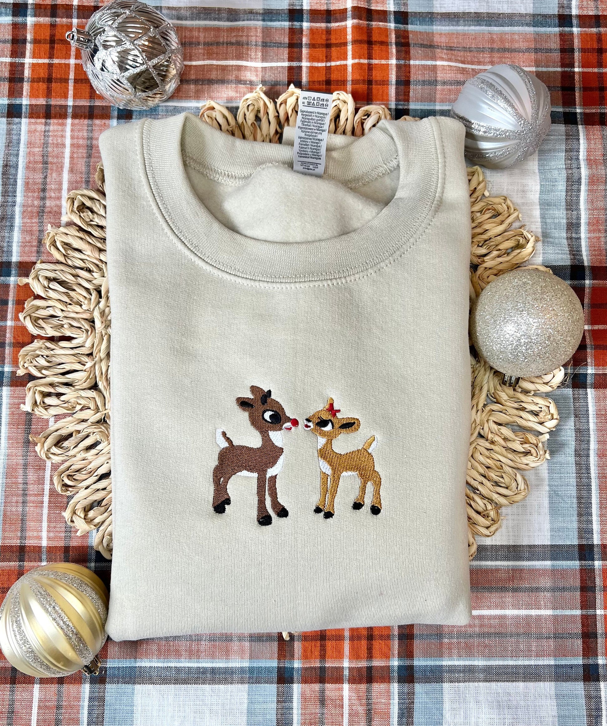 Christmas Embroidered Sweatshirt, Retro Reindeer Design, Rudolph The Red Nose Reindeer and Clarice, Fall Embroidered Sweatshirt.