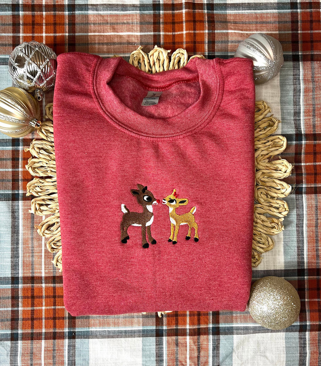 Christmas Embroidered Sweatshirt, Retro Reindeer Design, Rudolph The Red Nose Reindeer and Clarice, Fall Embroidered Sweatshirt.