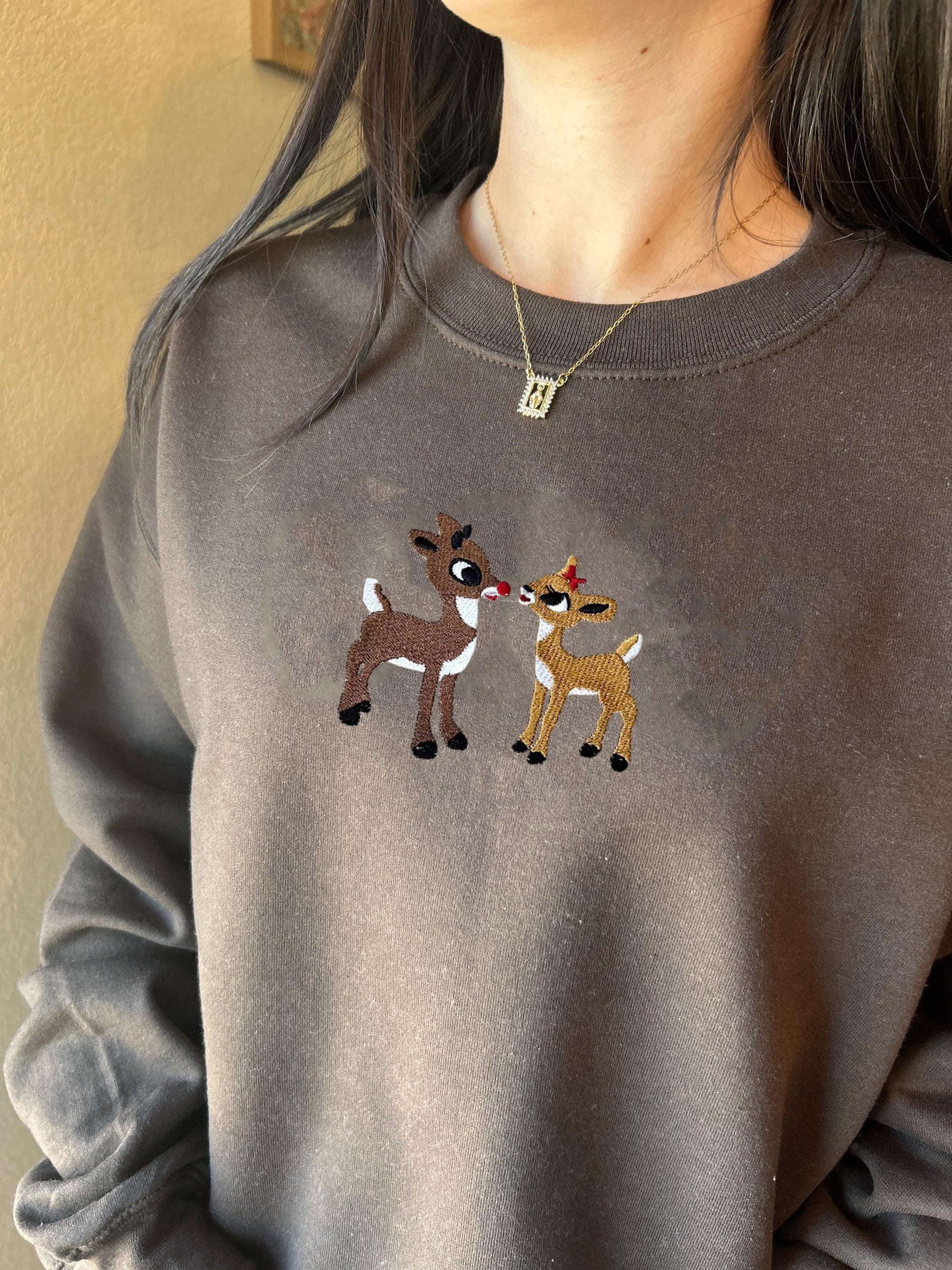 Christmas Embroidered Sweatshirt, Retro Reindeer Design, Rudolph The Red Nose Reindeer and Clarice, Fall Embroidered Sweatshirt.