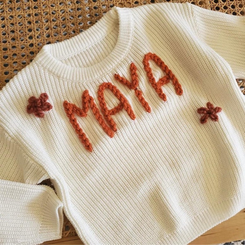 Baby Name Sweater, Custom Hand Embroidered Knit Outfit, Personalized Baby Clothing