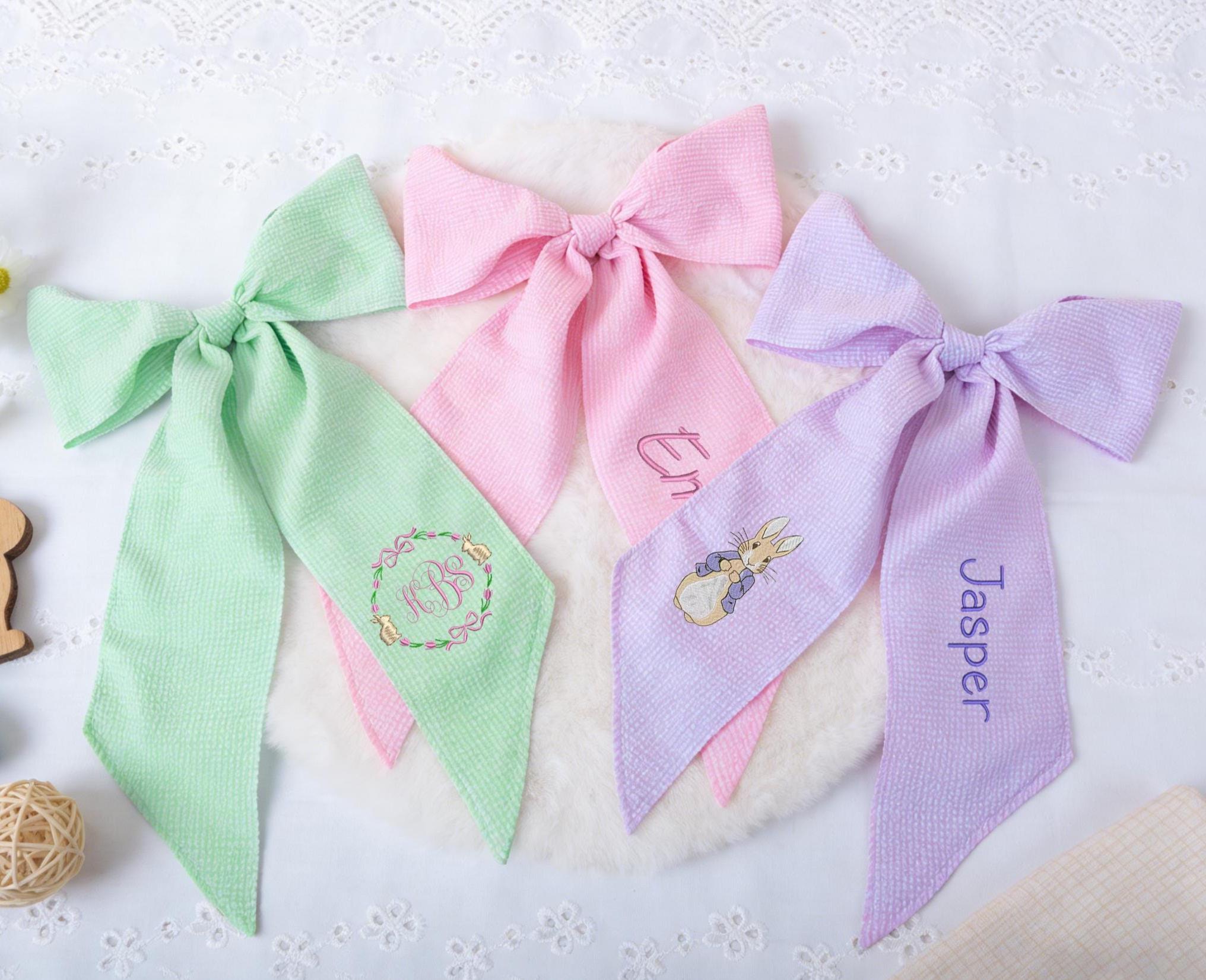 Personalized Seersucker Easter Basket Bow with Embroidered Name Custom Monogrammed Bunny Design Egg Hunts Gift & Spring Decorations