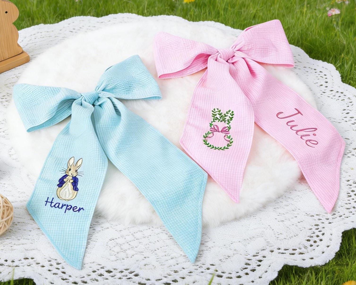 personalized easter basket bow,custom easter bows embroidered,easter bunny bow,easter basket ribbon,peter rabbit personalized bow for basket
