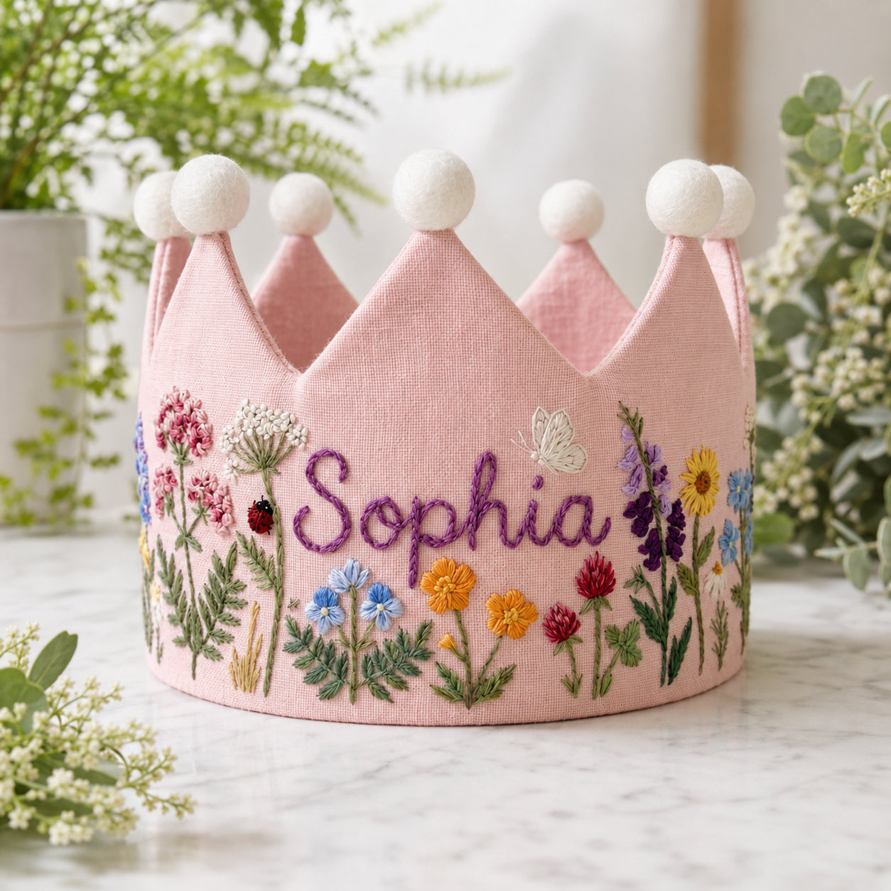 Hand-Embroidered Fairy Flower Linen Birthday Crown, Personalized Floral Name Keepsake, Birthday Crown For Kid, Custom Embroidered Crown EMC09