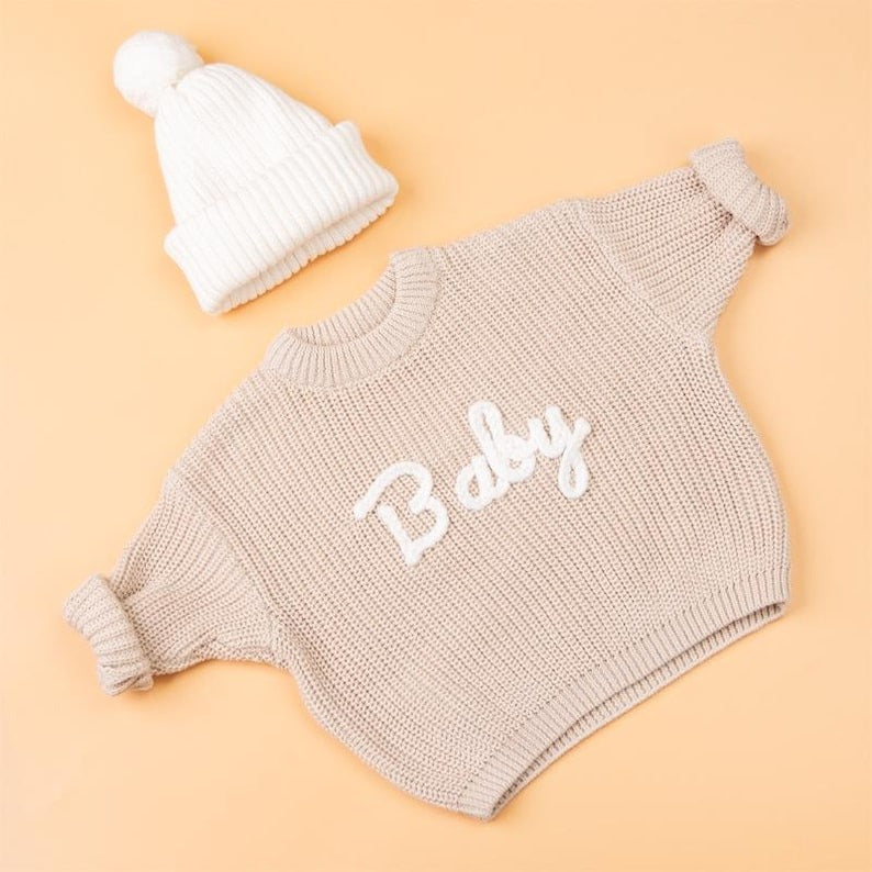 Baby Name Sweater, Custom Hand Embroidered Knit Outfit, Personalized Baby Clothing