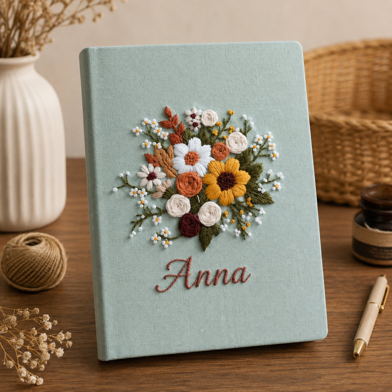 Hand Embroidered Flower Notebook, Custom Journal Notebook, Personalized Floral Notebook With Name, Linen Fabric Hard Cover Notebook, Special Custom Handmade Gift and Keepsakes ENB05
