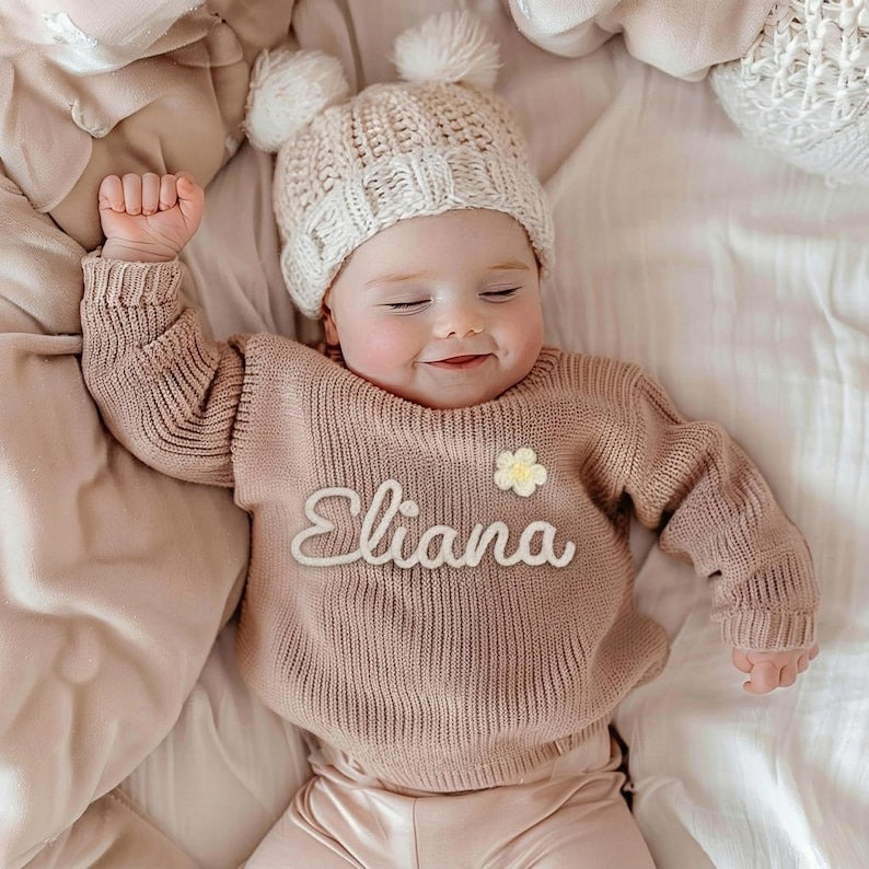 Baby Name Sweater, Custom Hand Embroidered Knit Outfit, Personalized Baby Clothing