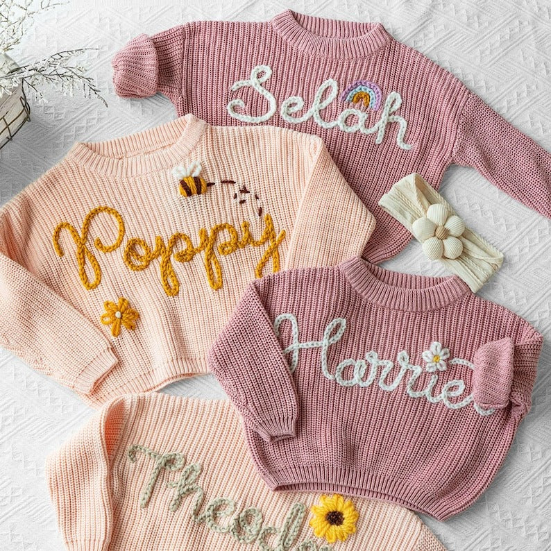 Baby Name Sweater, Custom Hand Embroidered Knit Outfit, Personalized Baby Clothing