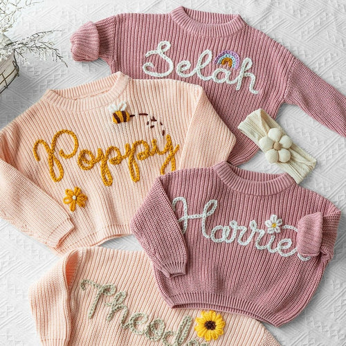 Baby Name Sweater, Custom Hand Embroidered Knit Outfit, Personalized Baby Clothing