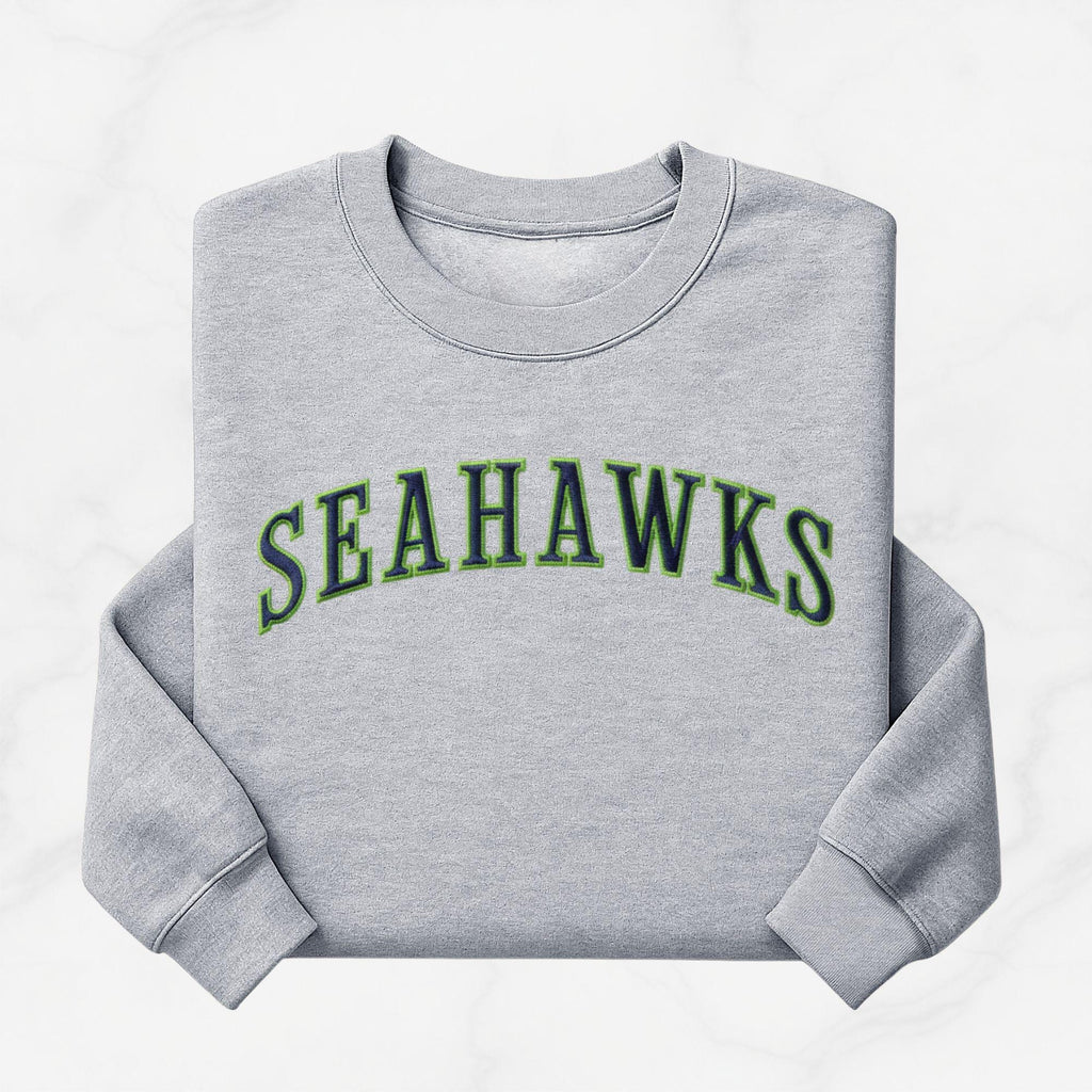Embroidered Seahawks Crewneck Sweatshirt, Green and Navy Lettering, Seattle Football Fan Merch Apparel