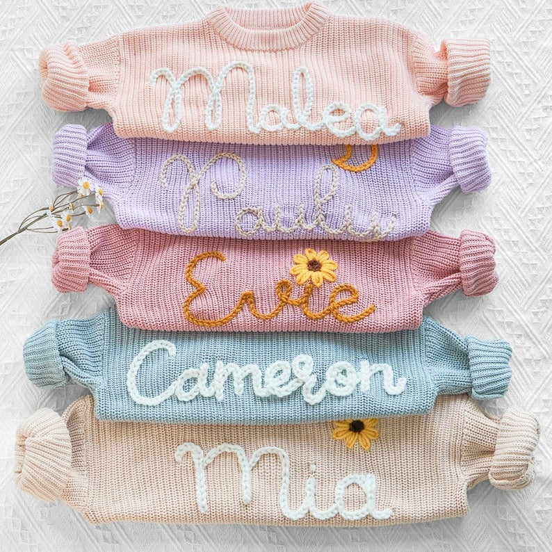Baby Name Sweater, Custom Hand Embroidered Knit Outfit, Personalized Baby Clothing