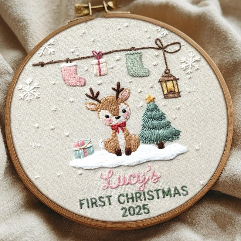 Deer Embroidered Hoop Ornament, Baby Keepsake Gift, First Christmas Tree Decoration, Baby Christmas Ornament Gift HOOPN12
