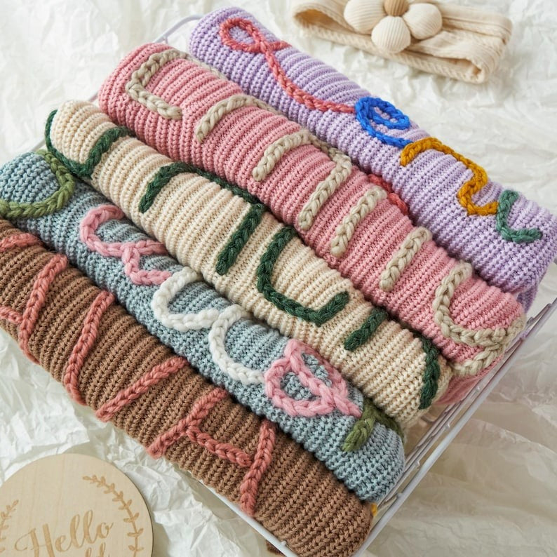 Baby Name Sweater, Custom Hand Embroidered Knit Outfit, Personalized Baby Clothing