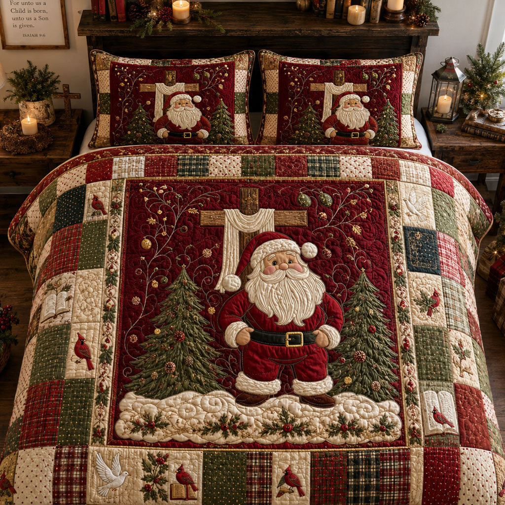 Santa Christmas Pattern Blanket, Christmas Quilted Bedding Set, Christmas Decor, Custom Quilt with Pillow Covers, Bedding Decor QBEDSET42