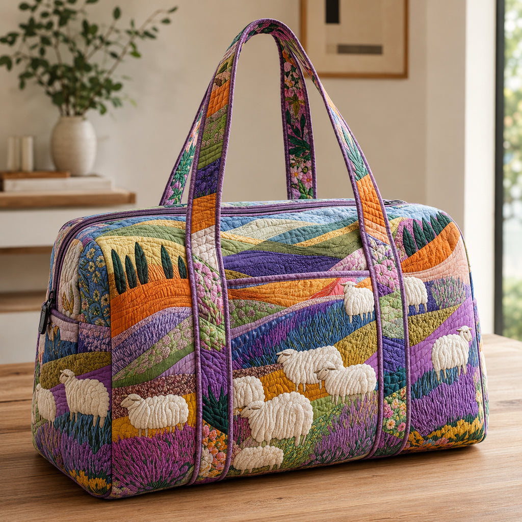 Colorful Sheep Meadow Quilted Duffle Bag, Countryside Landscape Duffle Bag, Overnight Bag, Quilted Travel Bag, Quilted Weekend Bag, Custom Bag Gift DFB09