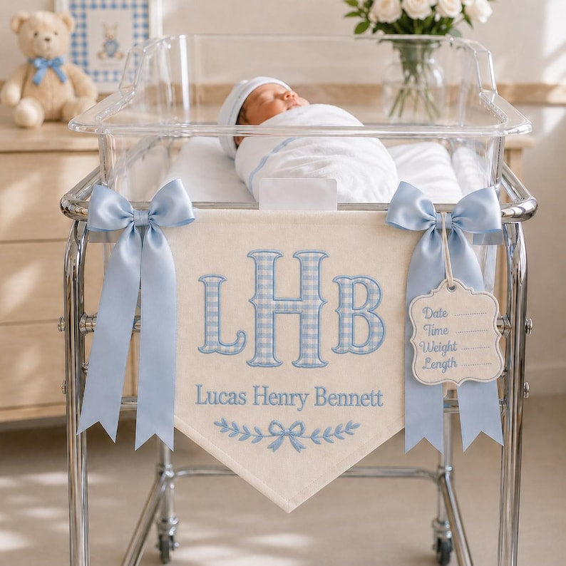 Personalized Embroidered Baby Name Banner, Custom Hospital Crib Banner with Birth Stats Tag, Newborn Nursery Keepsake, Monogram Hospital Door Hanger, Baby Shower Gift BBFLAG10