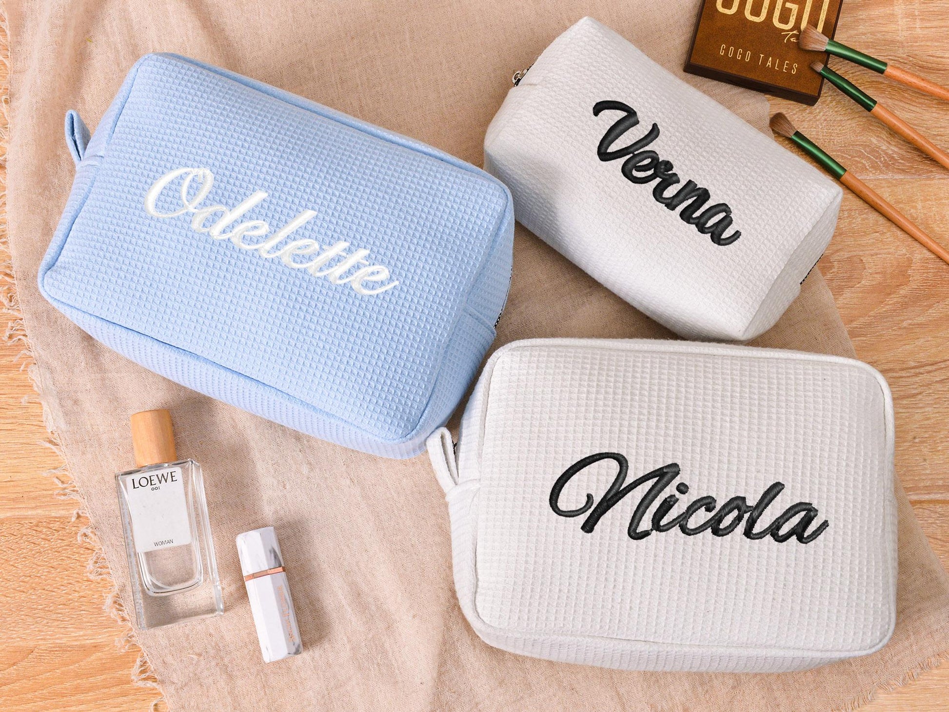 Custom Name Waffle Makeup Bag – Embroidered Monogram Cosmetic Pouch, Bridesmaid Gift, Gift for Her