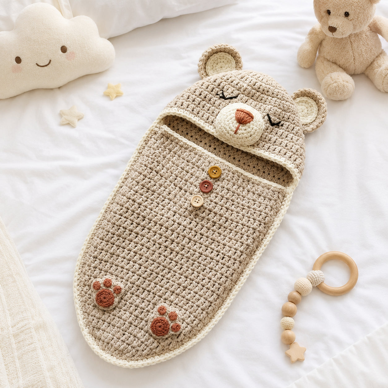 Personalized Baby Bear Swaddle, Cute Baby Cocoon, Custom Baby Romper Sleep Sack, Hooded Newborn Wrap, Handmade Crochet Knit Outfit, Custom Name Baptism Baby Shower Gift BABYSR10