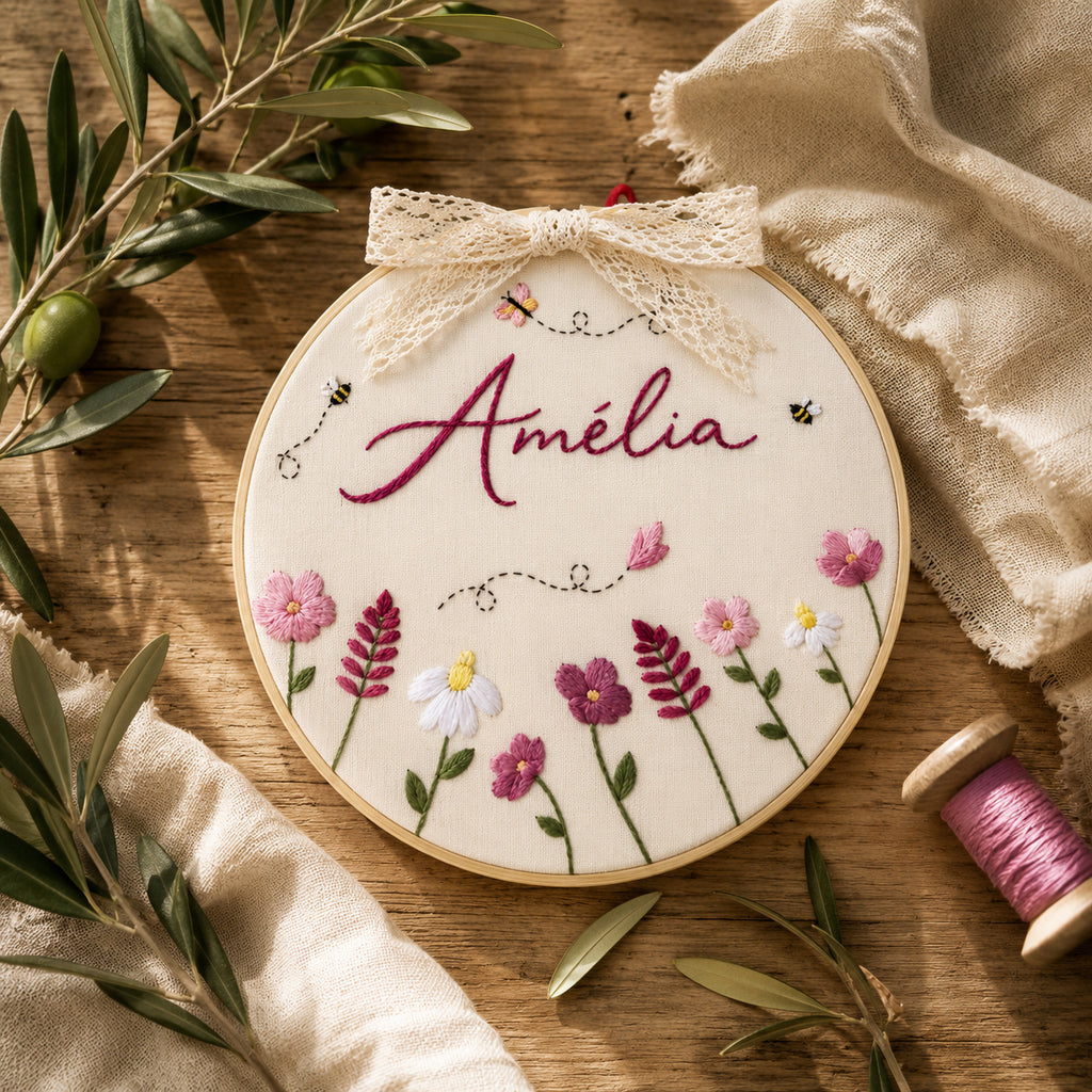 Personalized Hand-Embroidered Flower Baby Announcement Sign, Custom Baby Name Sign, Handmade Nursery Keepsake Gift for Newborn EM07