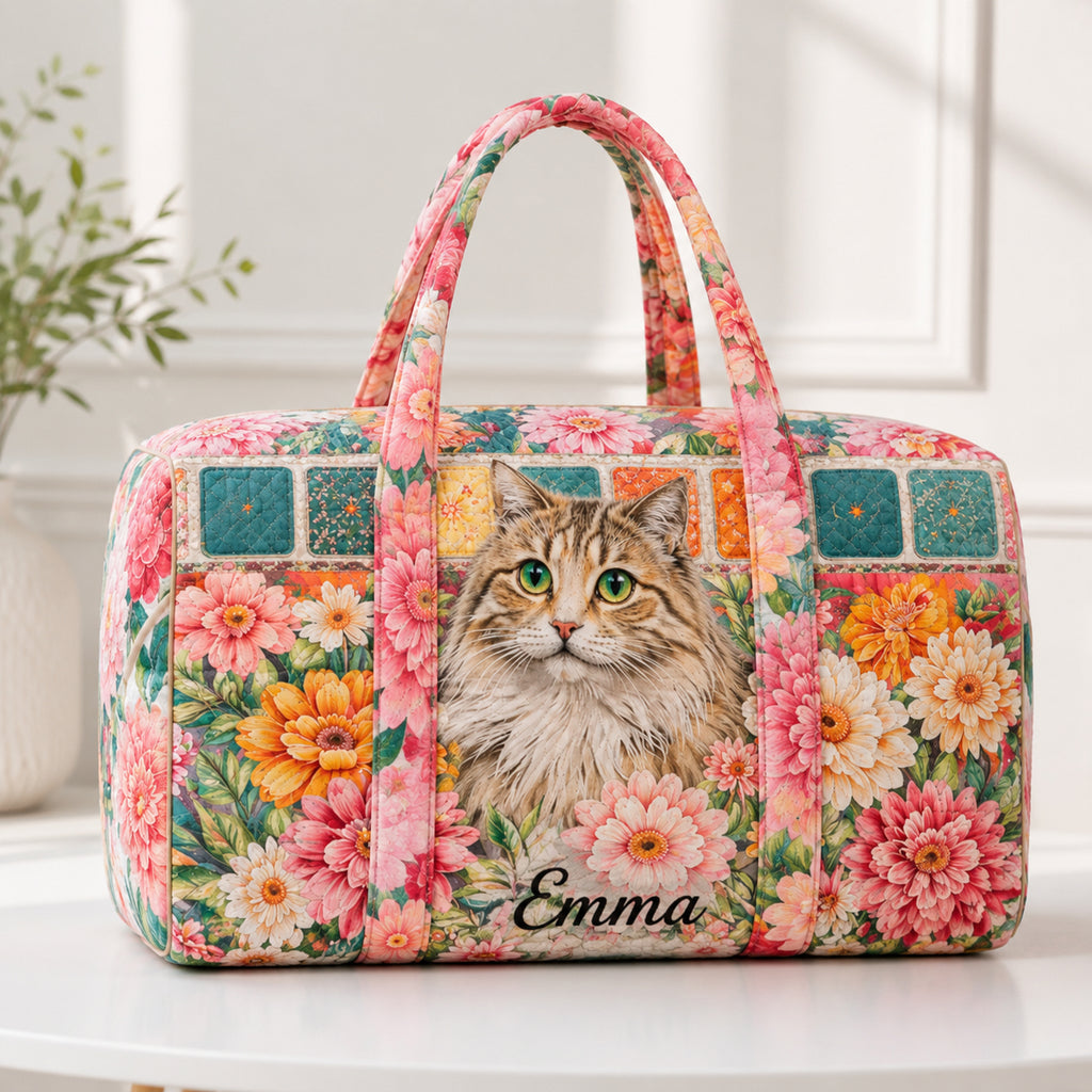 Cute Cat Floral Quilted Duffle Bag, Camper Van Weekender Bag, Travel Overnight Bag, Family Travel Bag Gift QTTVB09