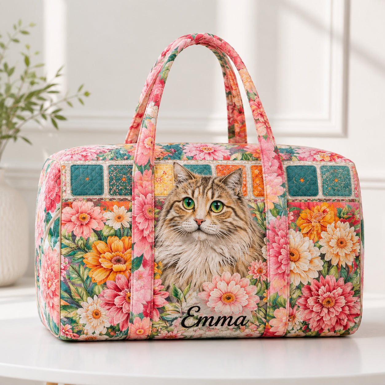 Cute Cat Floral Quilted Duffle Bag, Camper Van Weekender Bag, Travel Overnight Bag, Family Travel Bag Gift QTTVB09