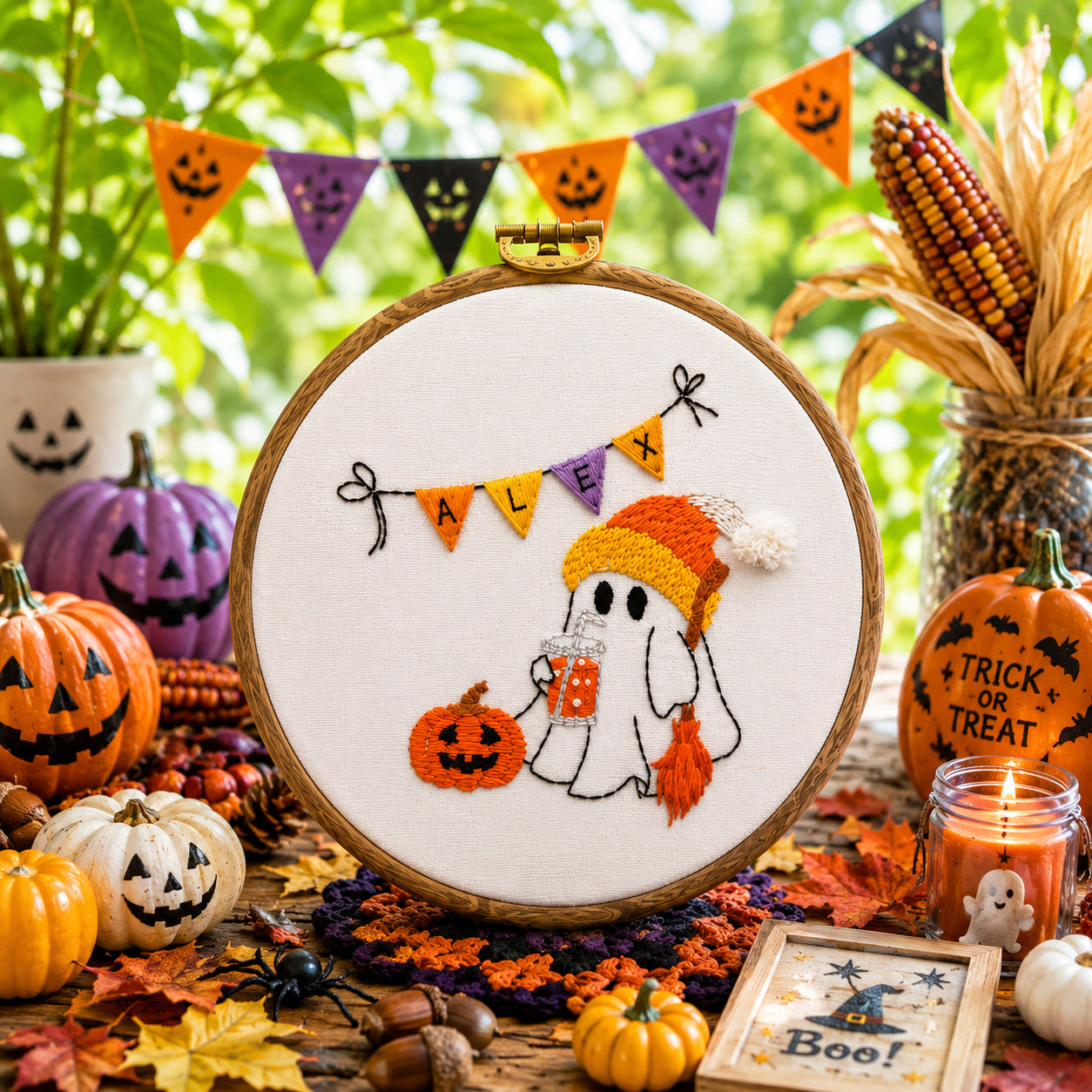 Halloween Boo Pumpkin Hand-Embroidery Hoop, Custom Embroidered Wall Art, Hanging Decor, Handmade Gift HOOP11