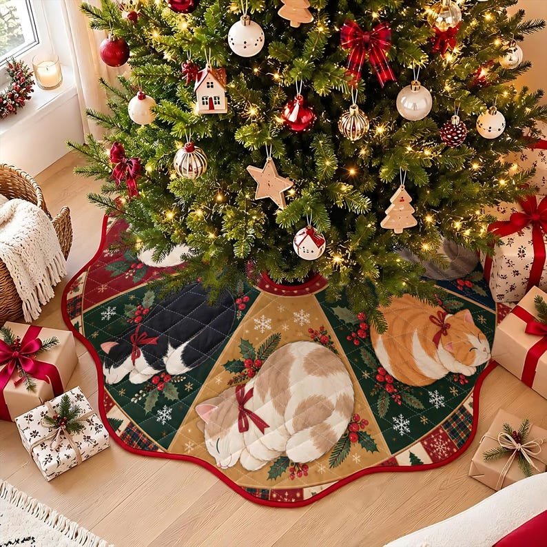 Christmas Cat Patchwork Quilted Tree Skirt, Patchwork Xmas Tree Skirt, Holiday Decor, Xmas Tree Base Cover, Custom Tree Skirt XMASTS10
