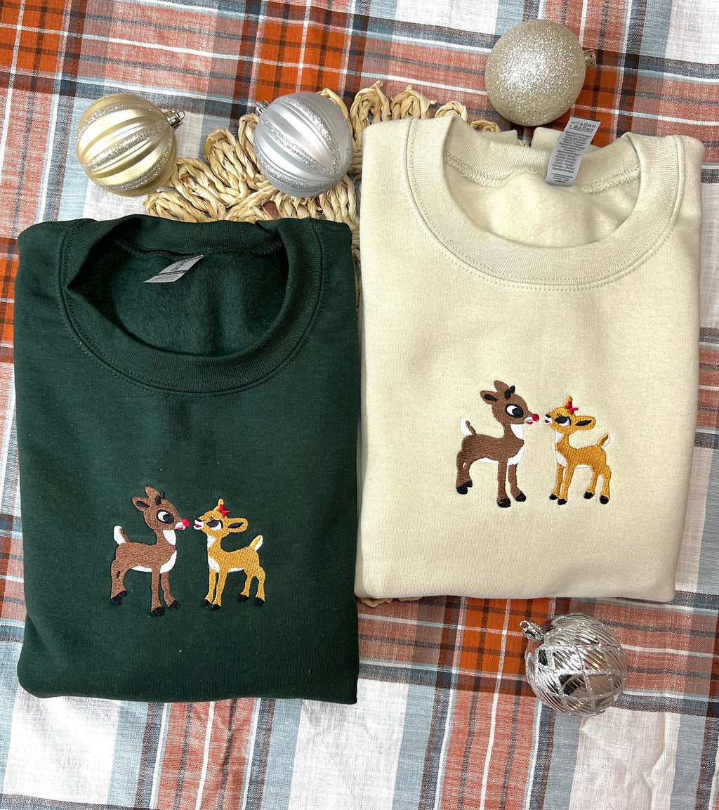 Christmas Embroidered Sweatshirt, Retro Reindeer Design, Rudolph The Red Nose Reindeer and Clarice, Fall Embroidered Sweatshirt.