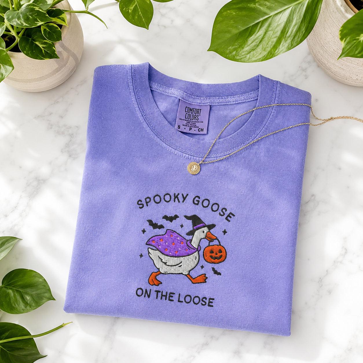 Embroidered Spooky Goose Shirt, Halloween Shirt, Witchy Silly Goose Lover Tee, Girly Halloween Gift, Trick or Treat Outfit HLEM10