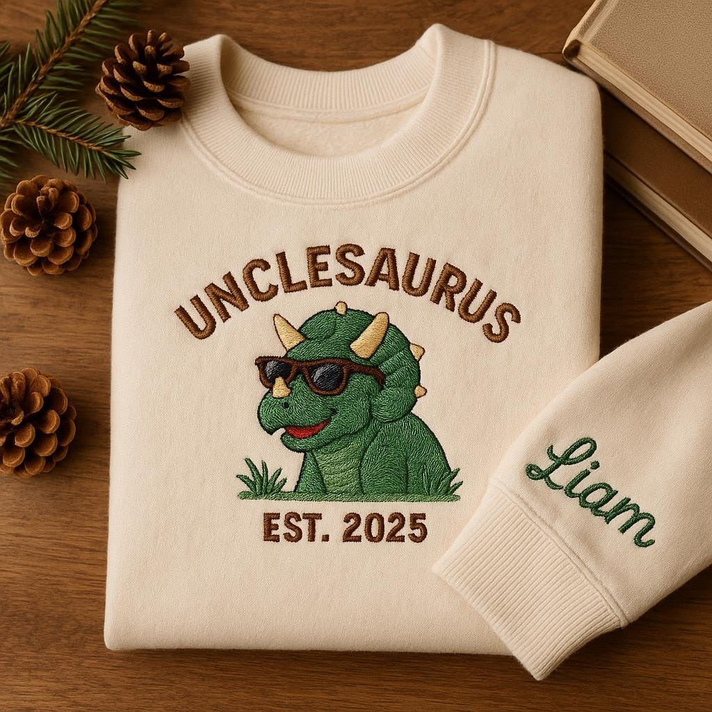 Embroidered Unclesaurus Sweatshirt, Dinosaur Uncle Gift, New Uncle Announcement Shirt, Personalized Expecting Family Tee