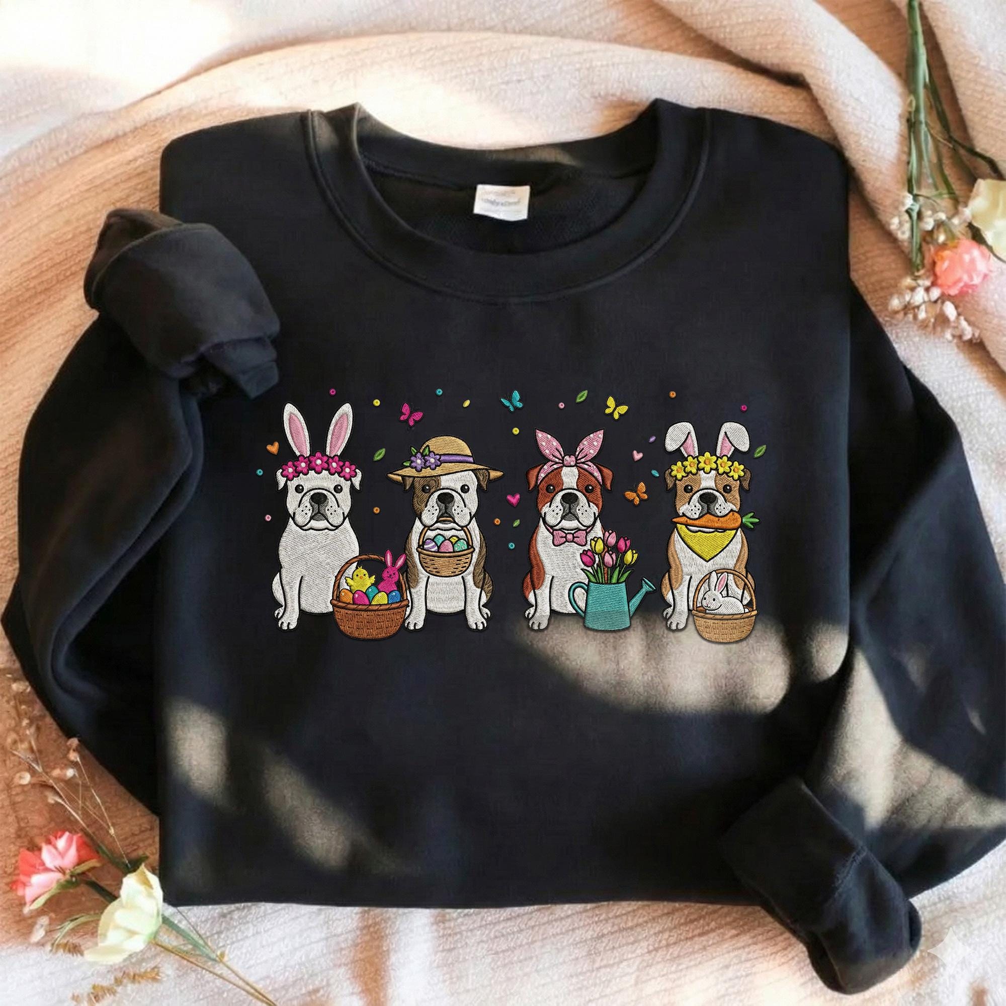 Embroidered American Bulldog Sweatshirt, Cute Bunny Ears Dog Crewneck, Spring Easter Puppy Shirt, Floral Bully Mom Gift, Holiday Art