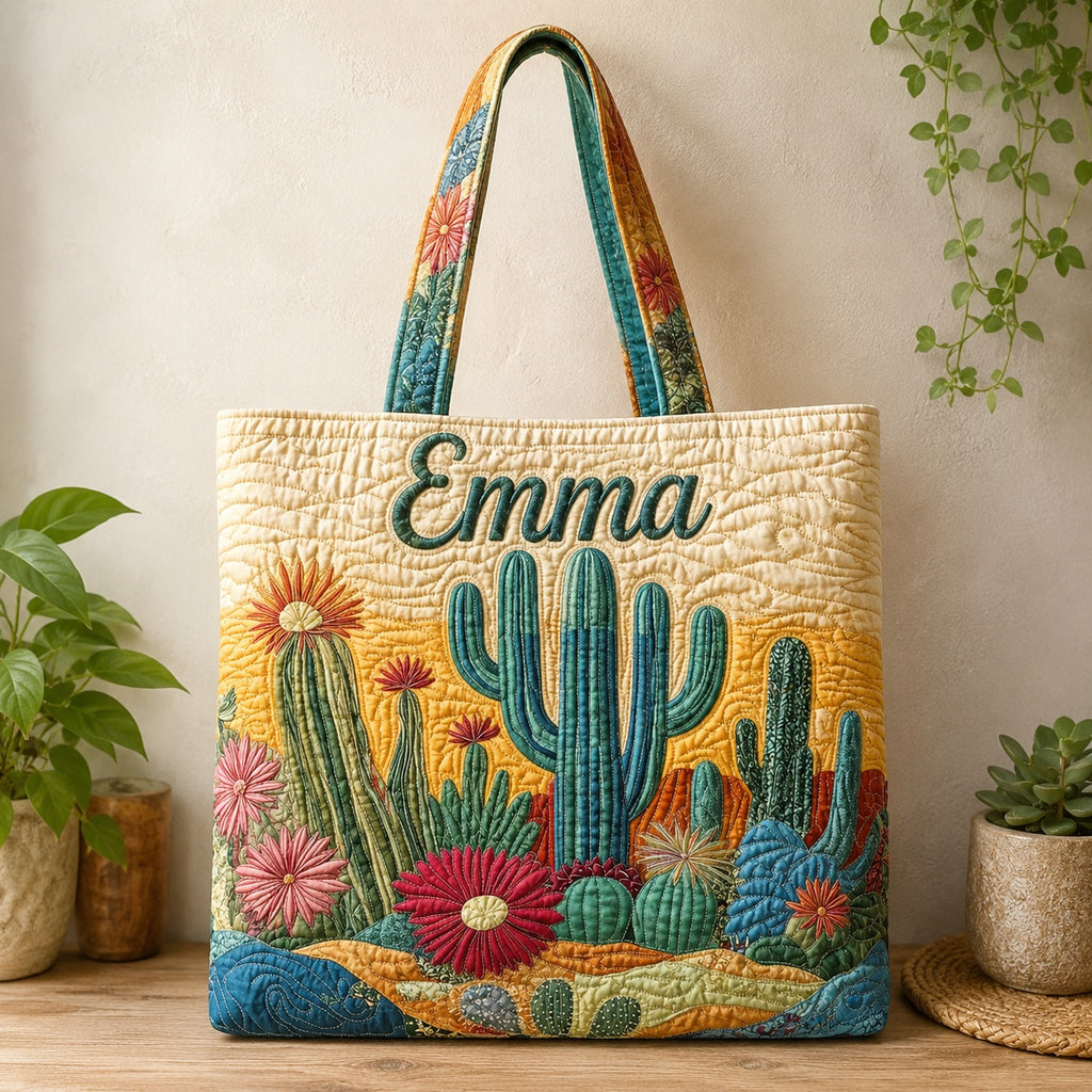 Custom Desert Cactus Quilted Tote Bag, Southwest Floral Tote Bag, Quilted Shoulder Bag, Quilted Book Bag, Fabric Bag QTOTE61