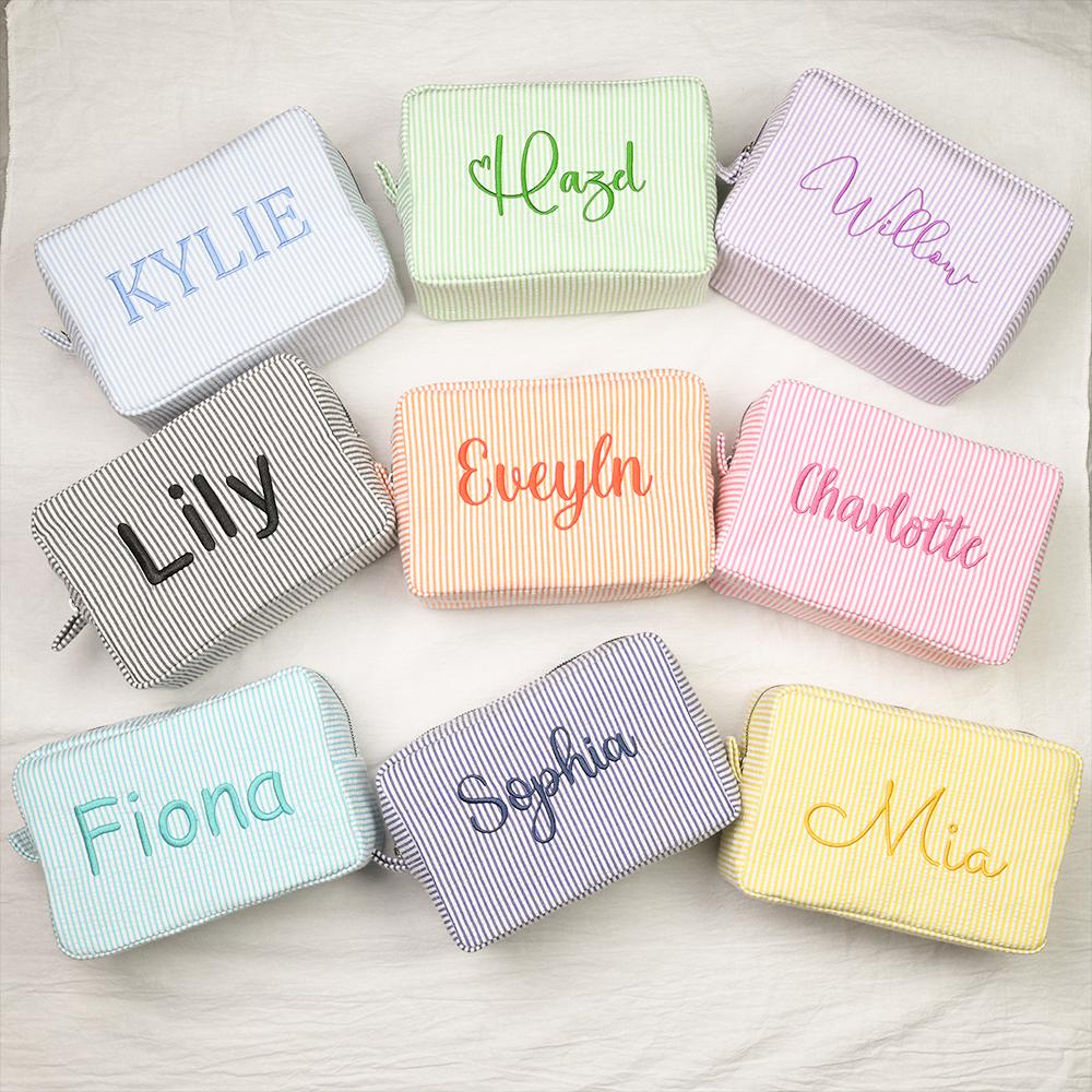 Custom Embroidered Seersucker Toiletry Bag, Personalized Name Travel Pouch, Bridesmaid Gift