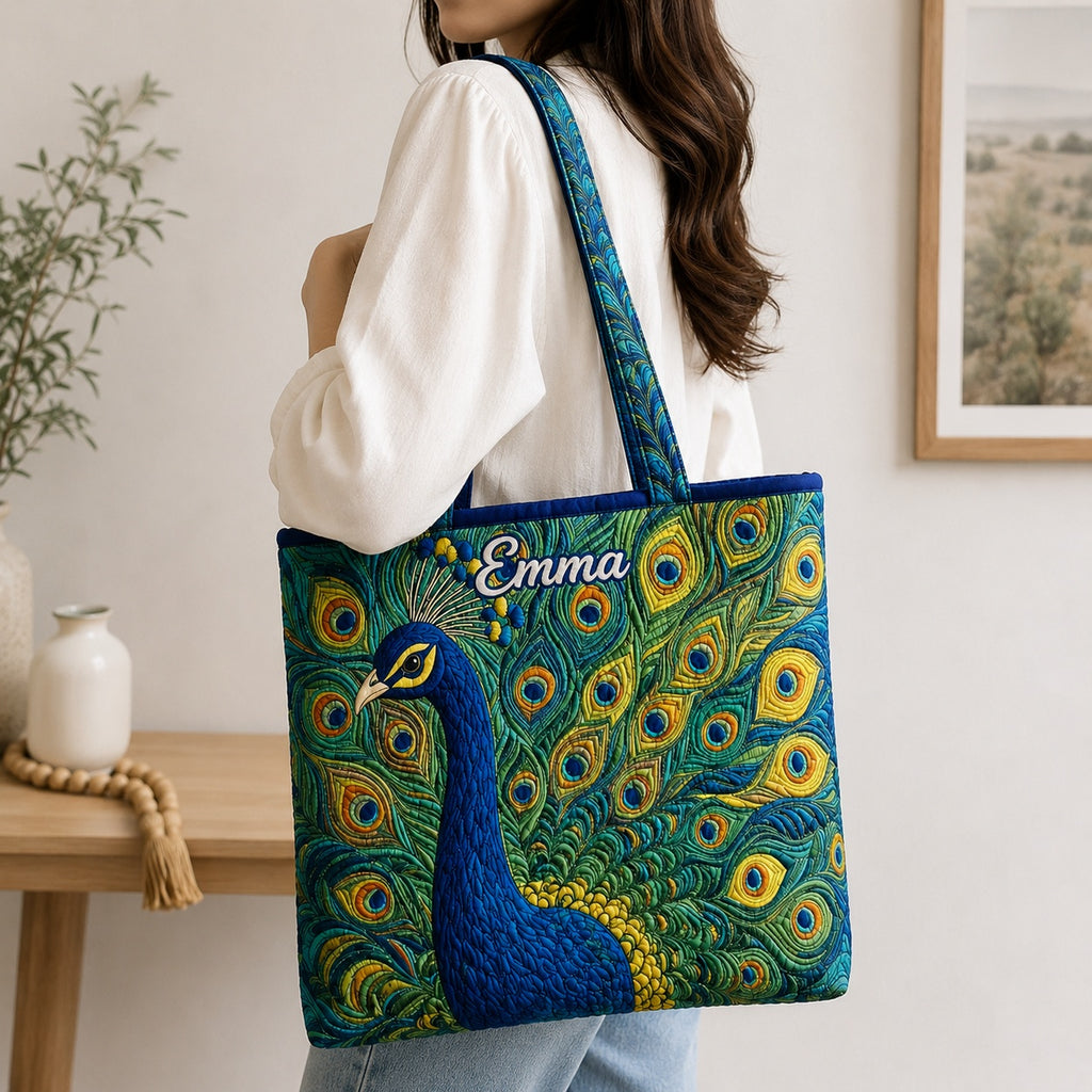 Peacock Quilted Tote Bag, Bird Shoulder Bag, Peacock Pattern Art Tote, Fabric Tote Bag, Gift Bag QTOTE34