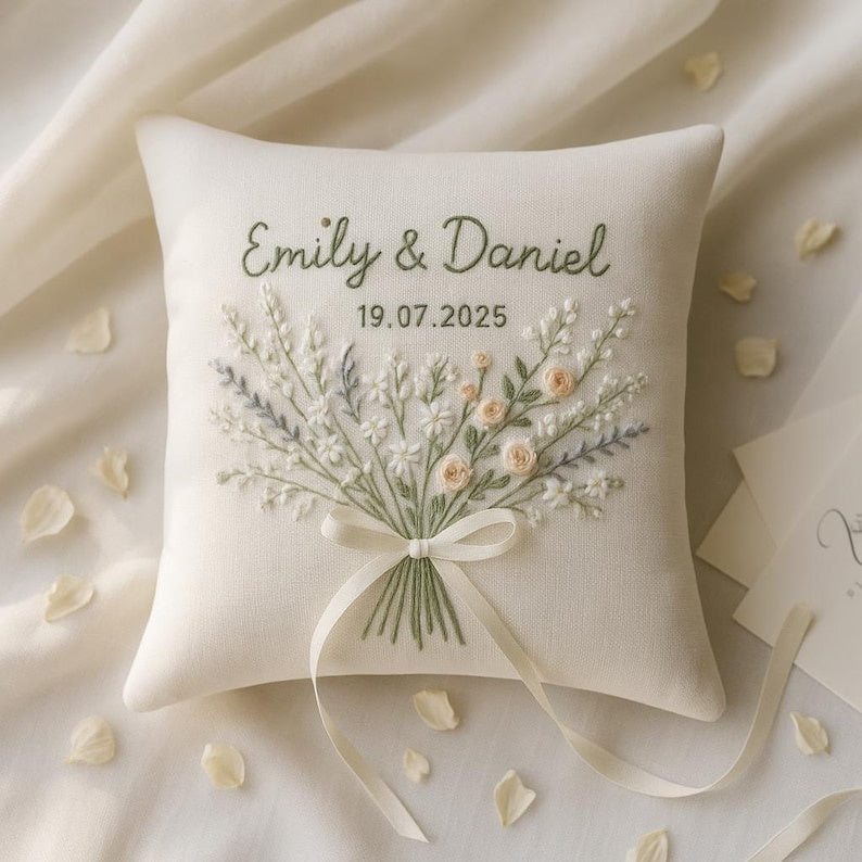 Personalized Embroidered Floral Wedding Ring Bearer Pillow, Custom Wedding Ring Pillow, Wedding Keepsake Gift WPILLOW09