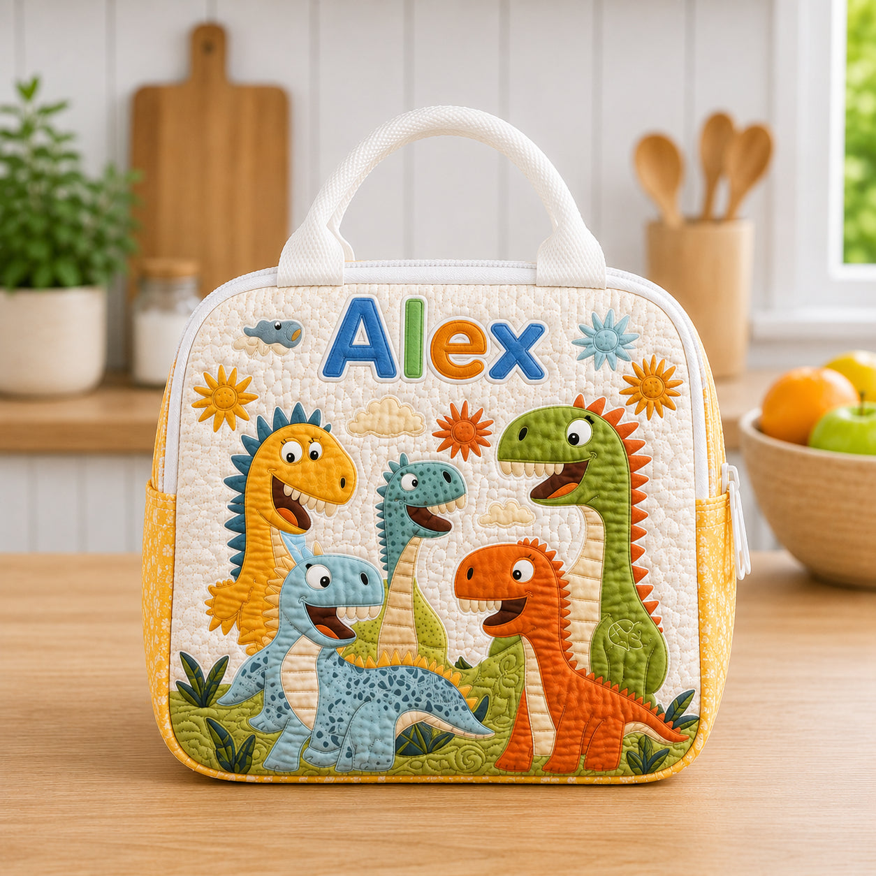 Dinosaur Quilted Lunch Bag, Insulated Quilted Lunch Tote, Dinosaur Lunch Bag, Custom Kid Lunch Bag, Back To School Bag, Picnic Bag, Reusable Lunch Tote QLB10