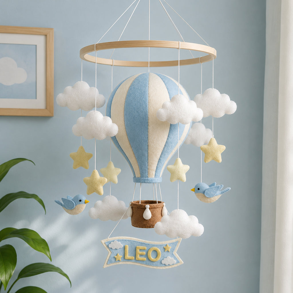 Personalized blue Hot Air Balloon Felt Baby Mobile, Handmade Nursery Crib Mobile, Pastel Balloon and Cloud Baby Room Decor BBMB10